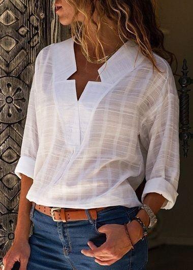 Casual shirt women V-neck long-sleeved solid color top