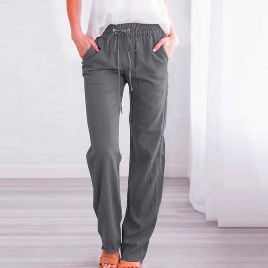 Solid color cotton and linen drawstring loose casual wide-leg trousers