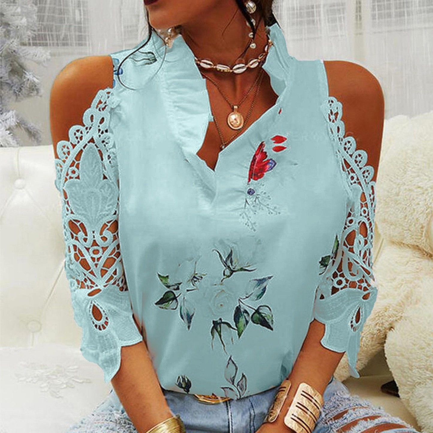 Women's Top Flower Print Off Shoulder Lace Panel Long Sleeves