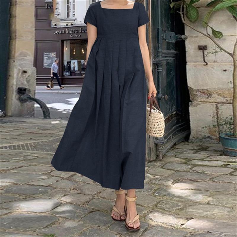 Short Sleeve Square Collar Elegant Casual Long Dress