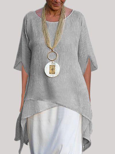 Large Size Loose Solid Color Cotton And Linen Irregular Top
