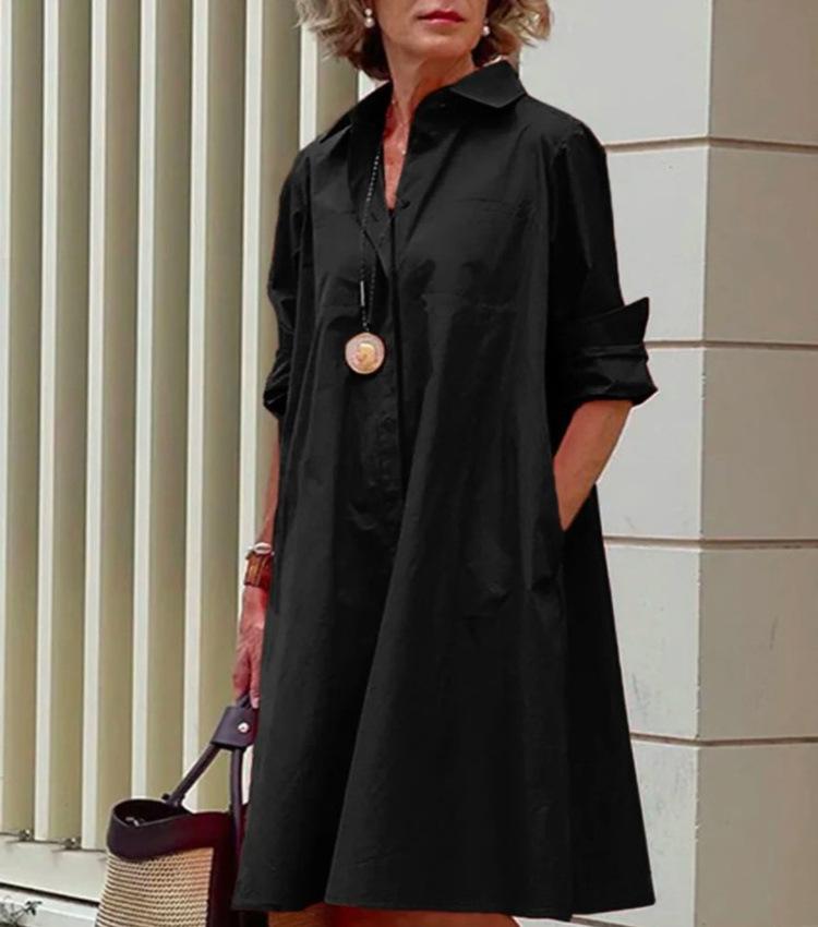 Polka-dot print shirt collar long-sleeved pocket midi dress