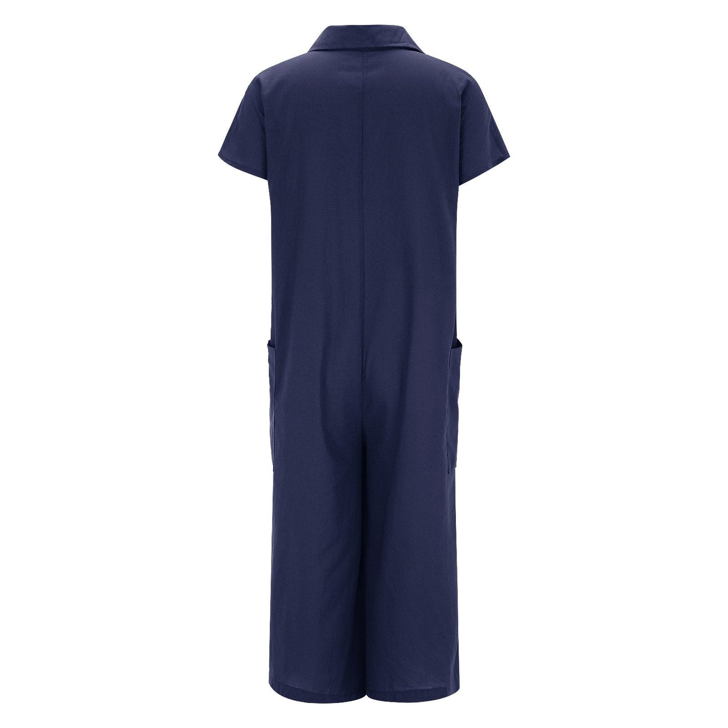 Women's solid color casual short-sleeved mid-length cotton linen shirt jumpsuit