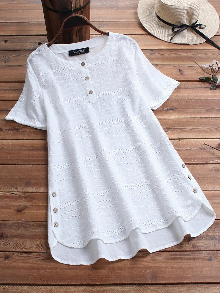 Embroidered Cool Fashion Short Sleeve Button Women's Top