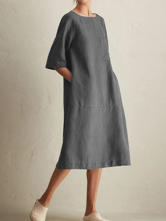 Casual Crew Neck Mid-Rise Pocket Dress