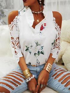 Women's Top Flower Print Off Shoulder Lace Panel Long Sleeves