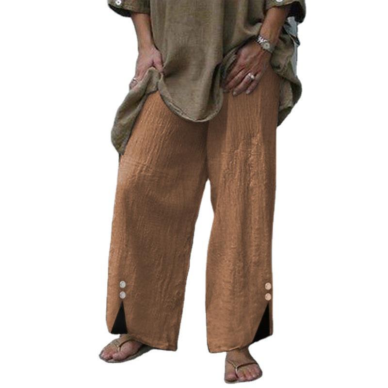 New Loose Beach Pants Solid Color Button Wide Leg Casual Trousers