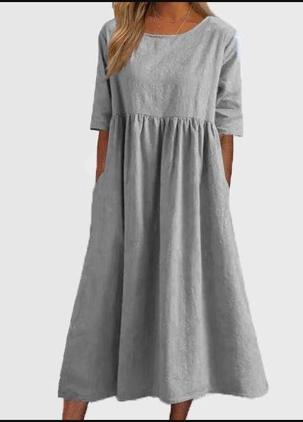 Round Neck Casual Loose Long Solid Color Cotton Linen Dress