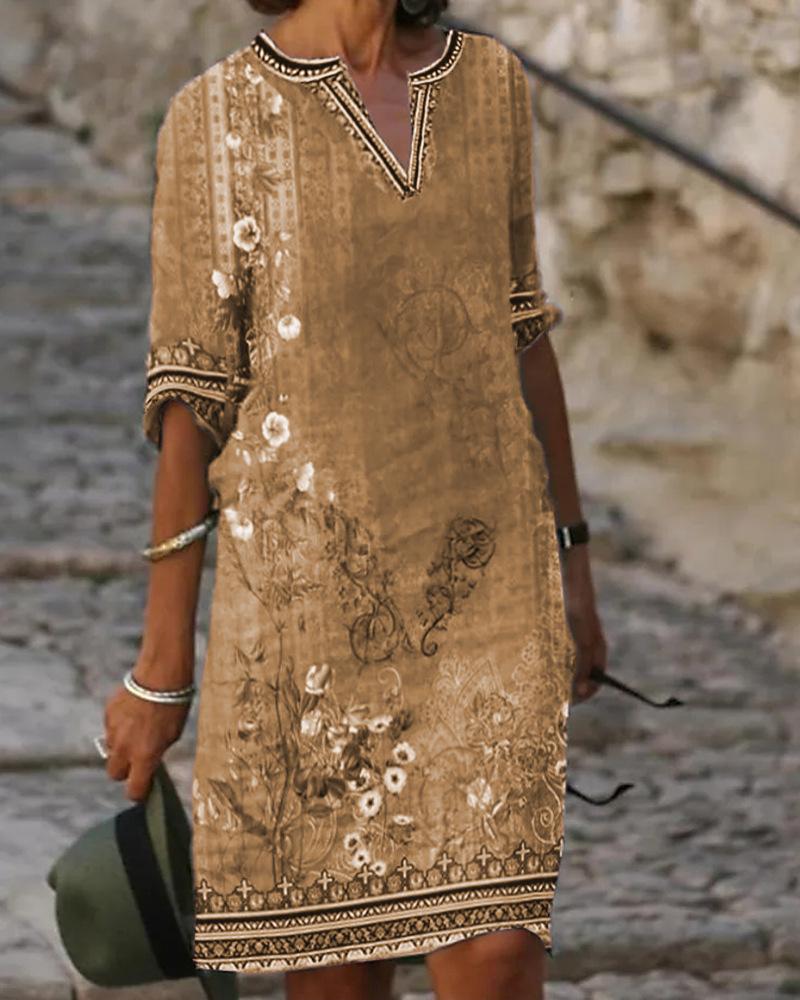 Women's printed casual V-neck dress