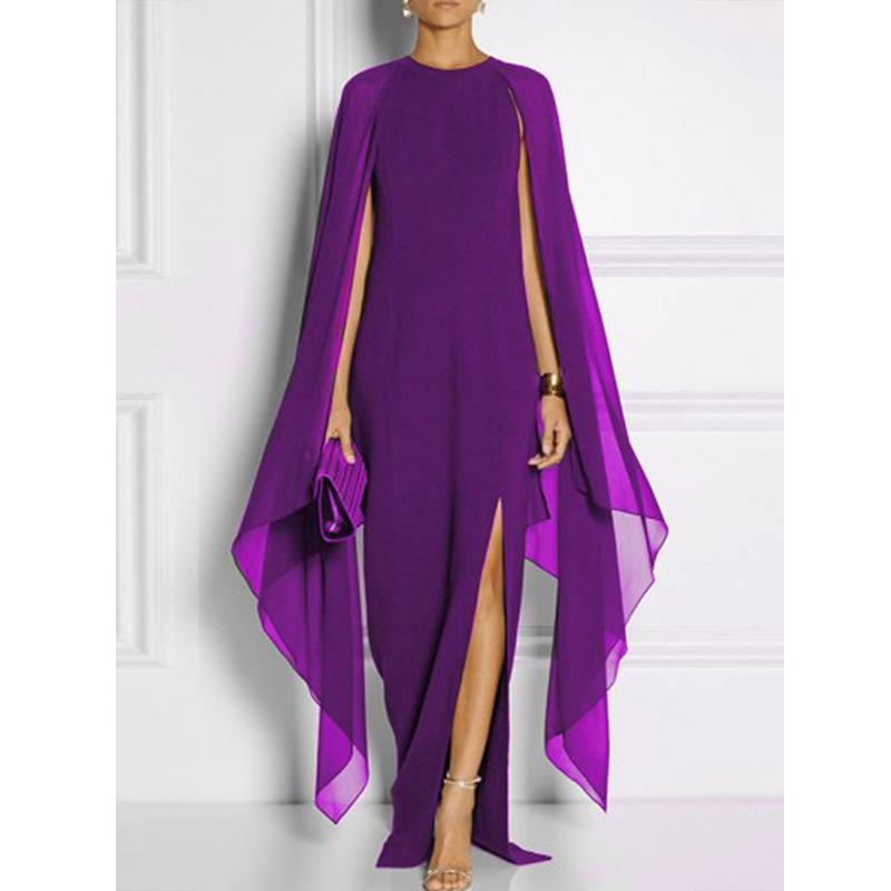 Elegant Thigh Split Hem Cloak Sleeve Maxi Dress
