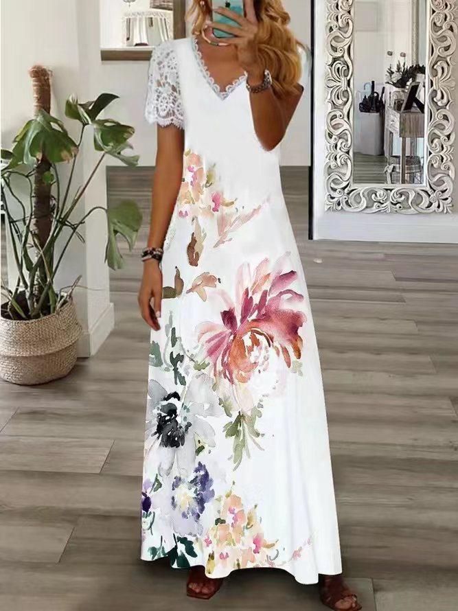 Women's V-neck lace short-sleeved printed dress