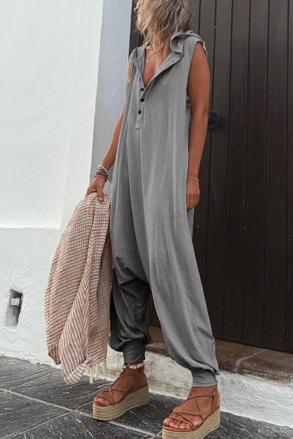 Button Hooded Sleeveless Jumpsuit