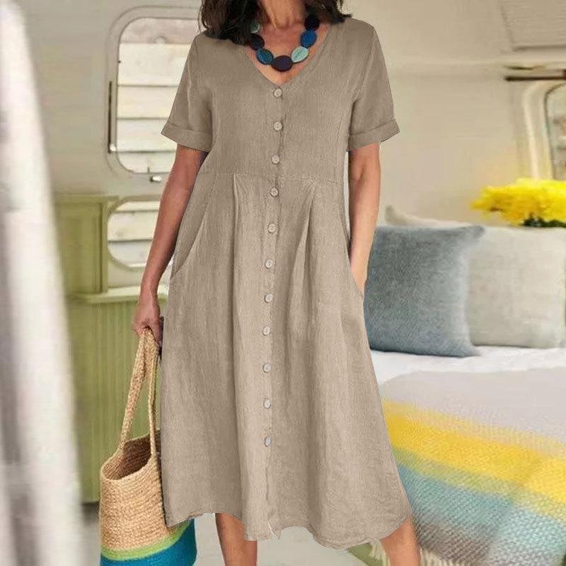 Solid color loose high waist cotton linen dress