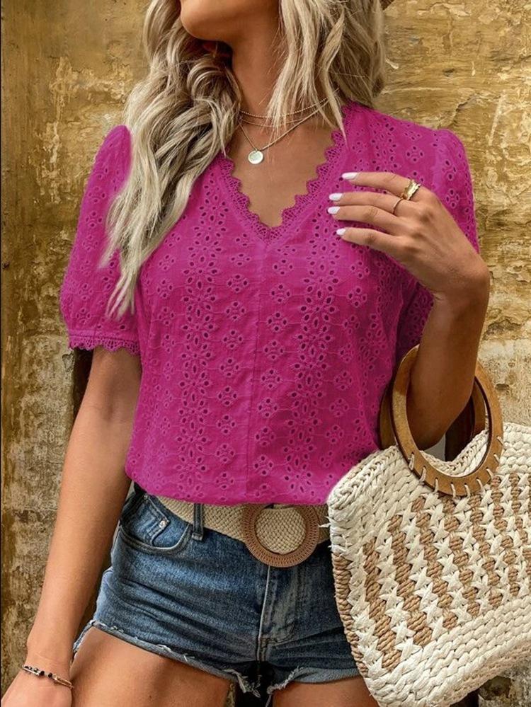 women's solid color short sleeve hollow shirt