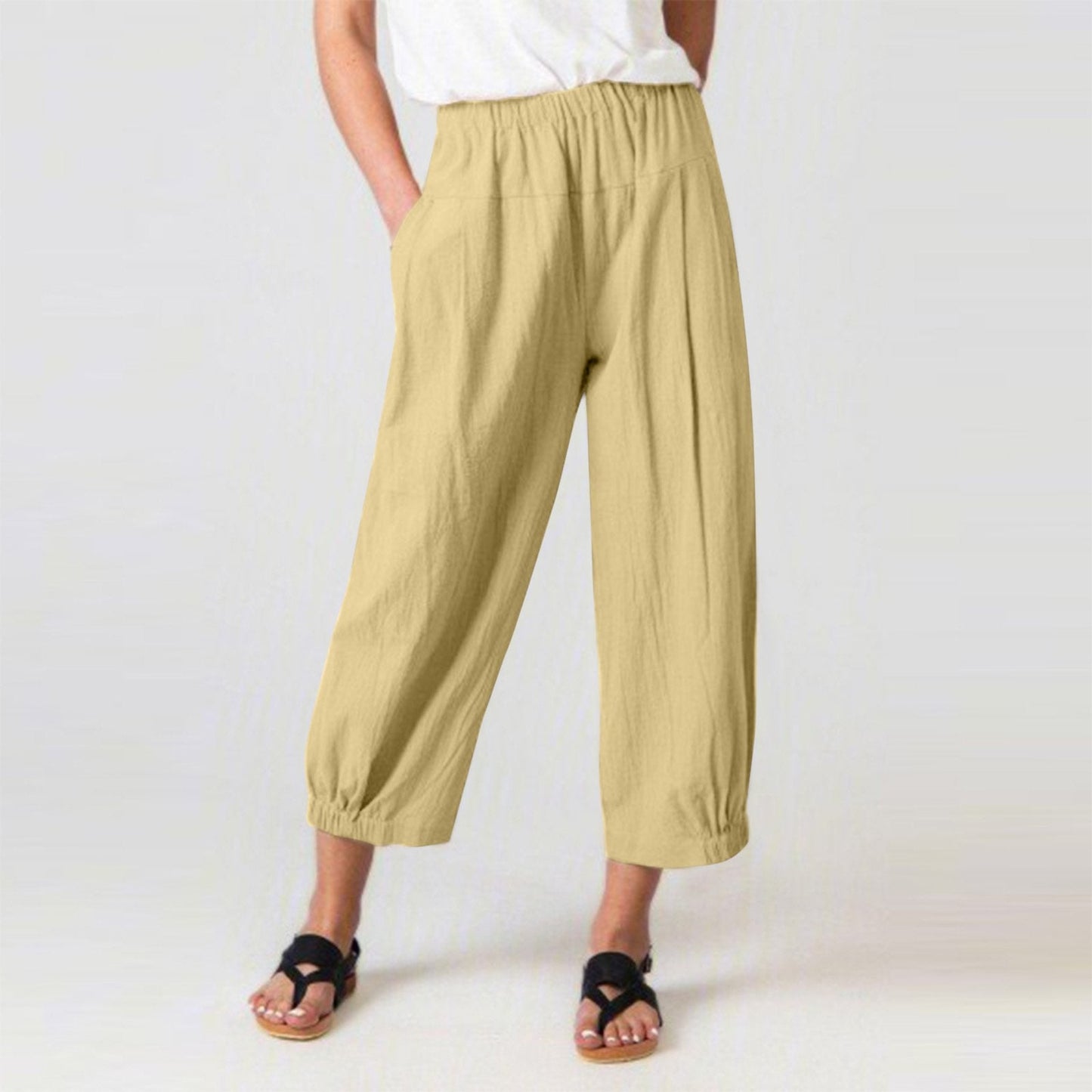 Loose harem high waist cotton linen cropped wide-leg women's pants