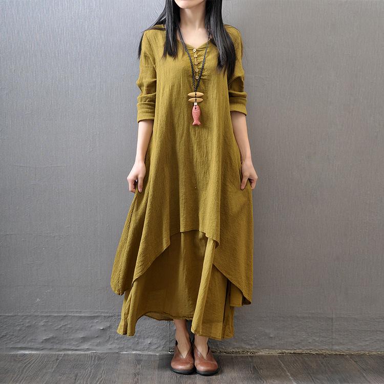 Casual loose fake two-piece long-sleeved cotton and linen dress
