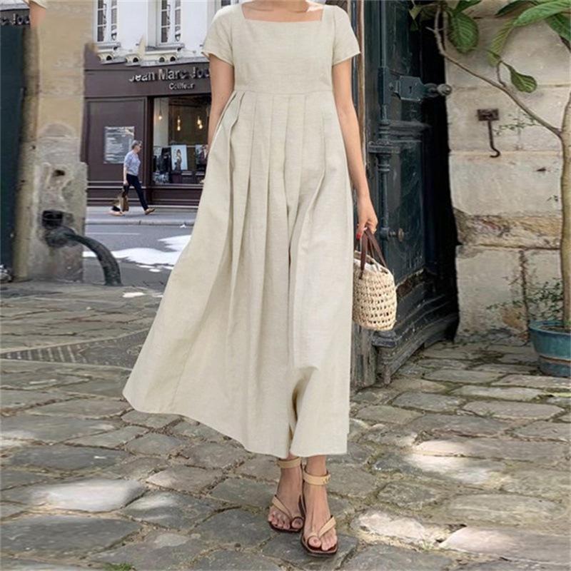 Short Sleeve Square Collar Elegant Casual Long Dress