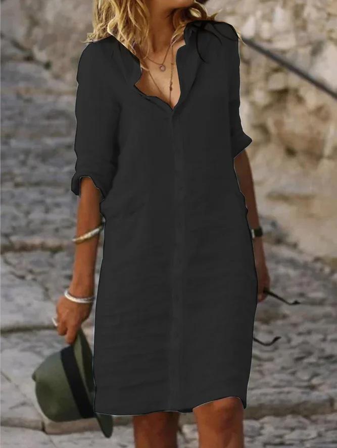 Loose Lapel Button Down Sleeve Solid Color Cotton Linen Shirt Dress