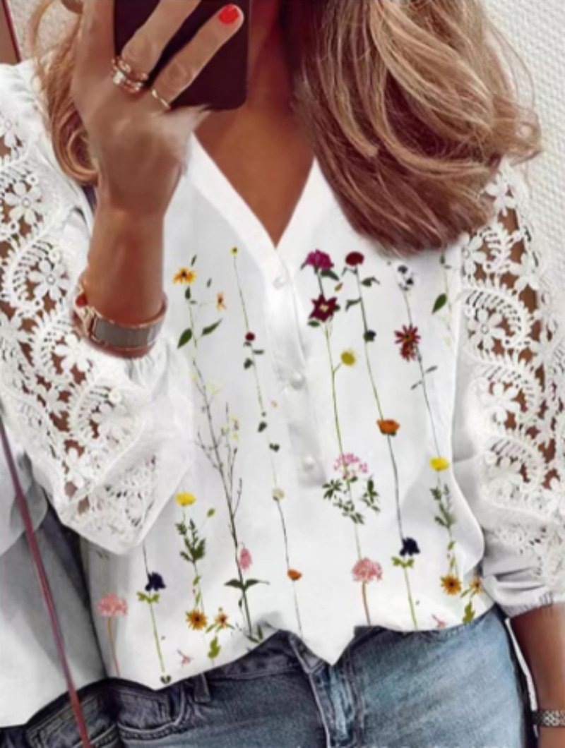 V-neck lace top print stitching long-sleeved shirt
