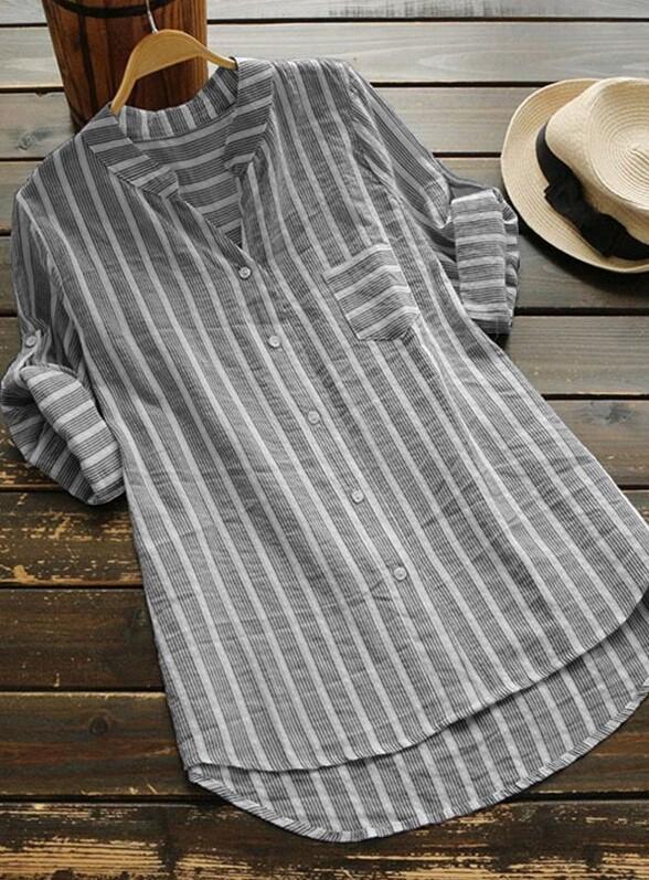 Casual V-neck Mid-Length Women's Shirt Striped Three-quarter Sleeve Shirt