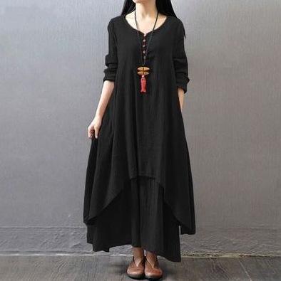 Casual loose fake two-piece long-sleeved cotton and linen dress