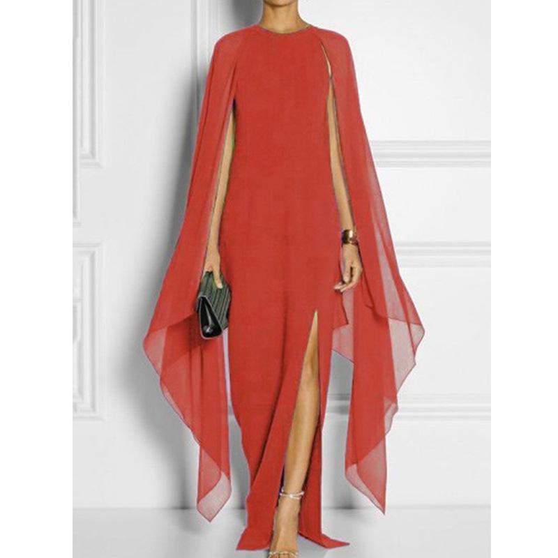 Elegant Thigh Split Hem Cloak Sleeve Maxi Dress