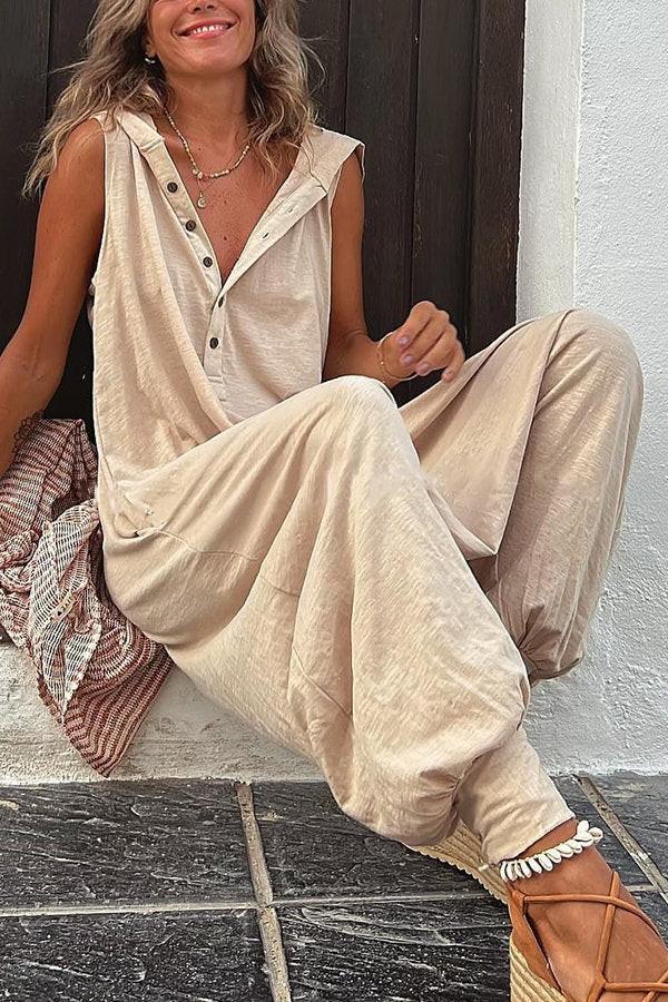 Button Hooded Sleeveless Jumpsuit