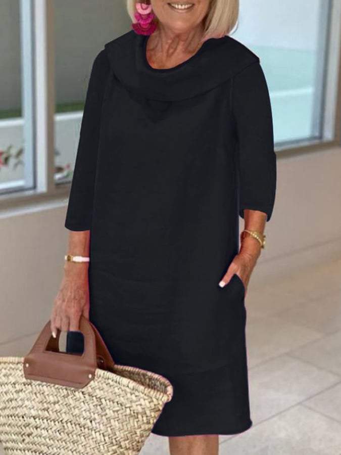 Cotton linen long-sleeved casual solid color dress