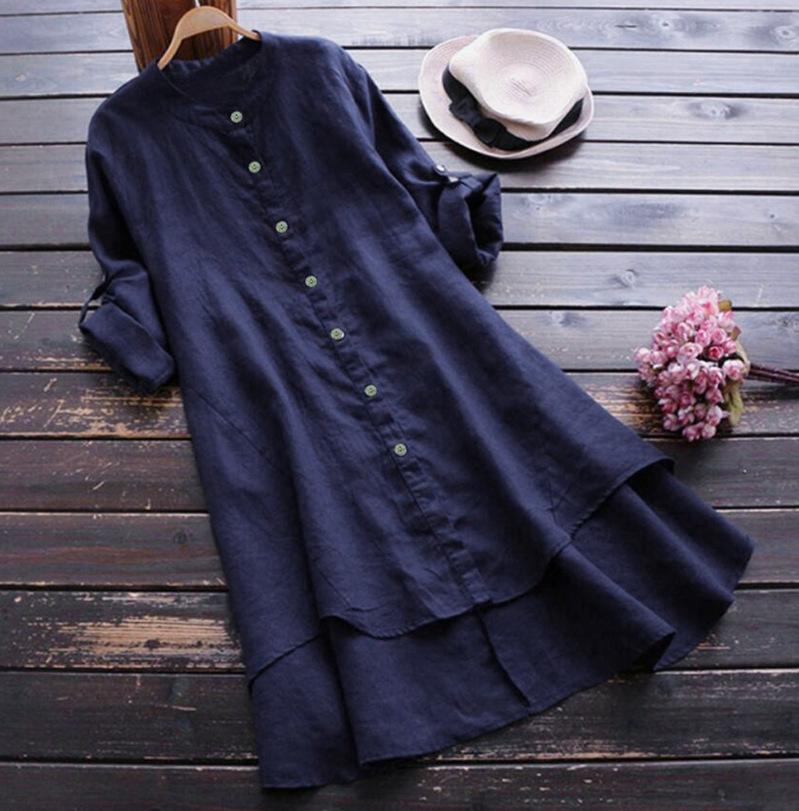 Women's Solid Color Button Cotton Linen Long Sleeve Long Shirt