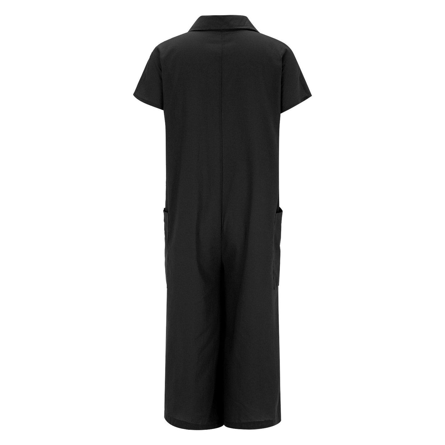 Women's solid color casual short-sleeved mid-length cotton linen shirt jumpsuit