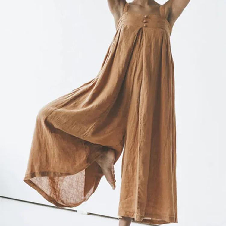 Women's cotton and linen solid color casual jumpsuit