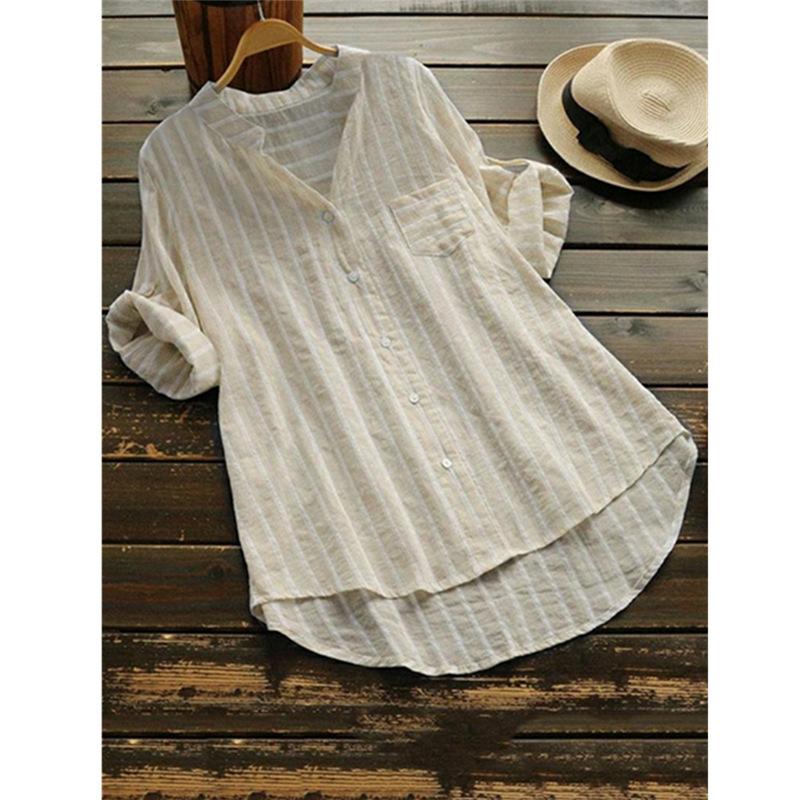 Casual V-neck Mid-Length Women's Shirt Striped Three-quarter Sleeve Shirt