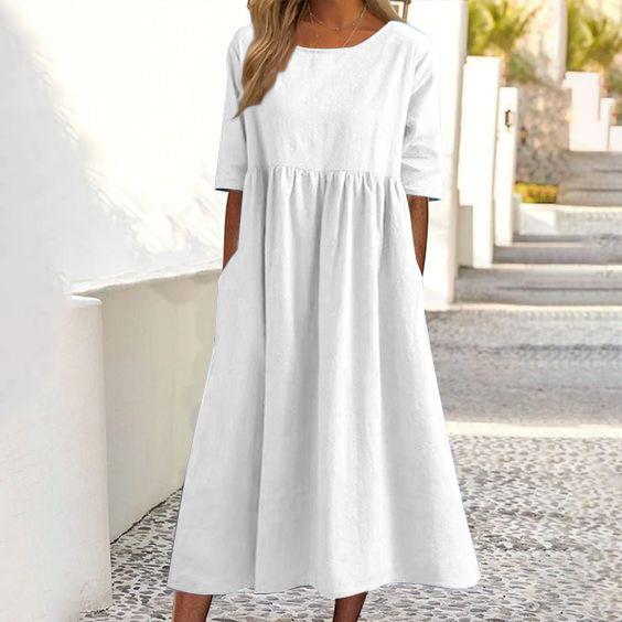 Round Neck Casual Loose Long Solid Color Cotton Linen Dress