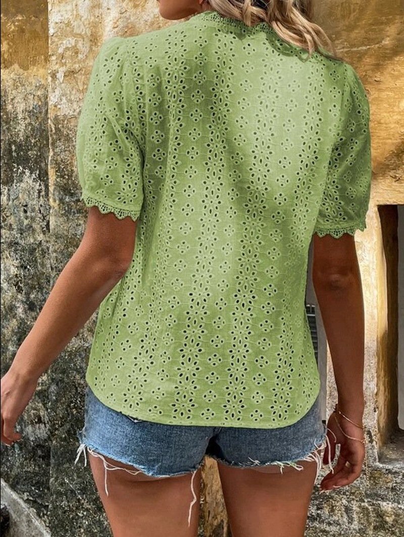 women's solid color short sleeve hollow shirt
