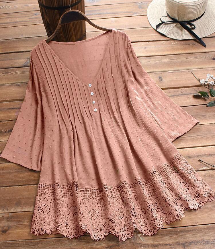 Plus Solid V Neck Lace Trim Long Sleeve Blouse