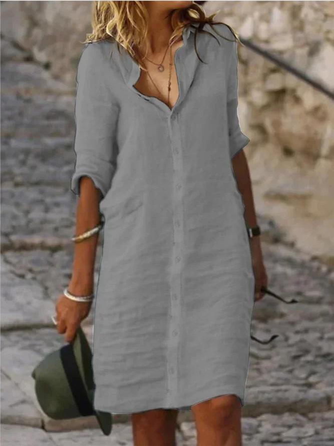 Loose Lapel Button Down Sleeve Solid Color Cotton Linen Shirt Dress