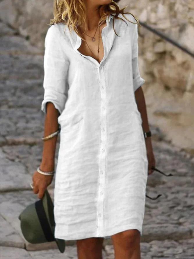 Loose Lapel Button Down Sleeve Solid Color Cotton Linen Shirt Dress