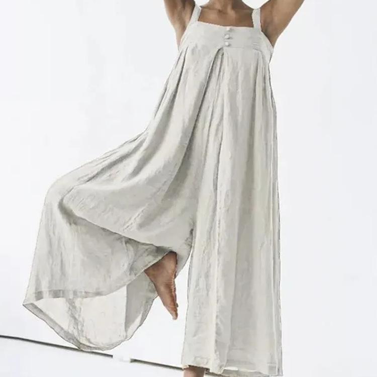 Women's cotton and linen solid color casual jumpsuit