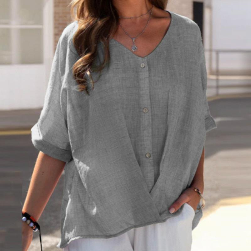 Cotton linen button V-neck pullover shirt casual top