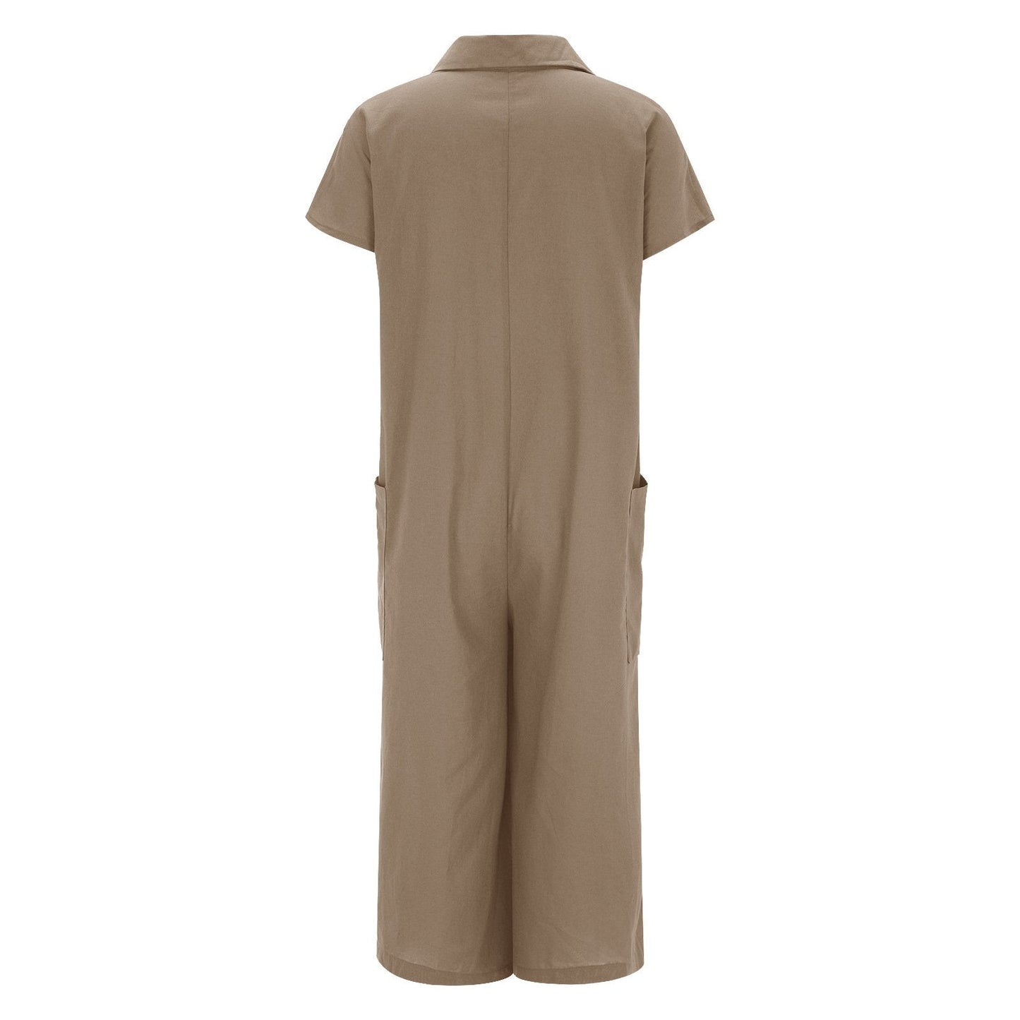 Women's solid color casual short-sleeved mid-length cotton linen shirt jumpsuit
