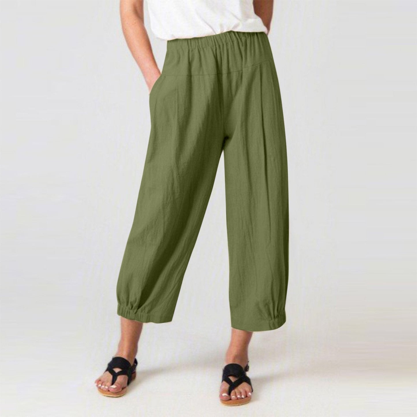 Loose harem high waist cotton linen cropped wide-leg women's pants