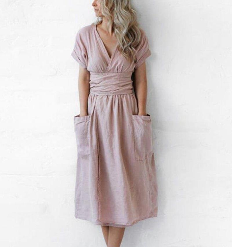 V Neck Short Sleeve Pocket Solid Color Cotton Linen Dress
