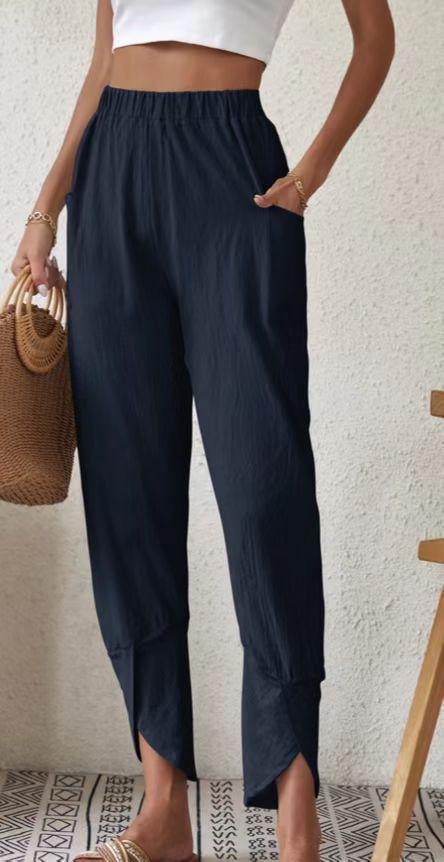 women's solid color casual cotton linen pants