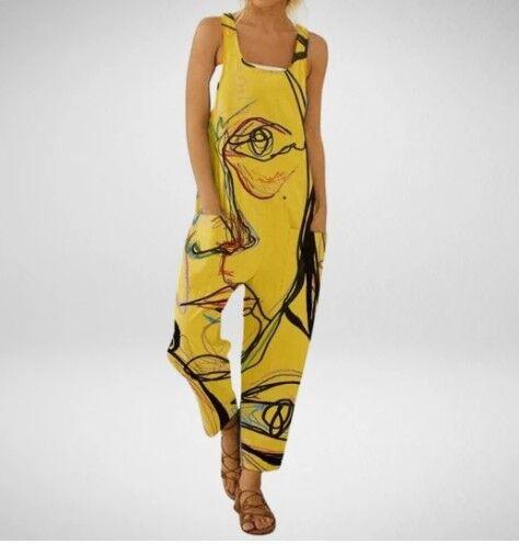 Women's Printed Cotton Linen Suspenders Button Jumpsuit