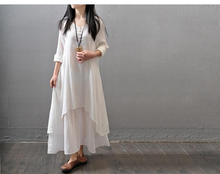 Casual loose fake two-piece long-sleeved cotton and linen dress