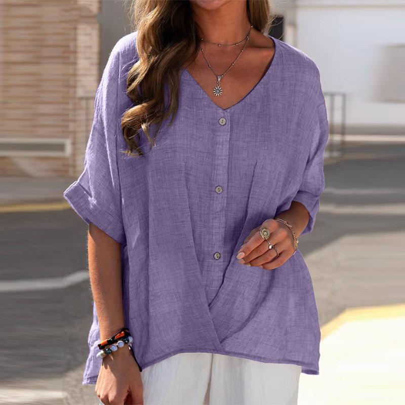 Cotton linen button V-neck pullover shirt casual top
