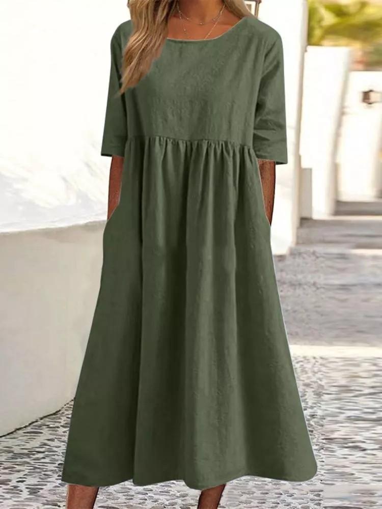 Round Neck Casual Loose Long Solid Color Cotton Linen Dress