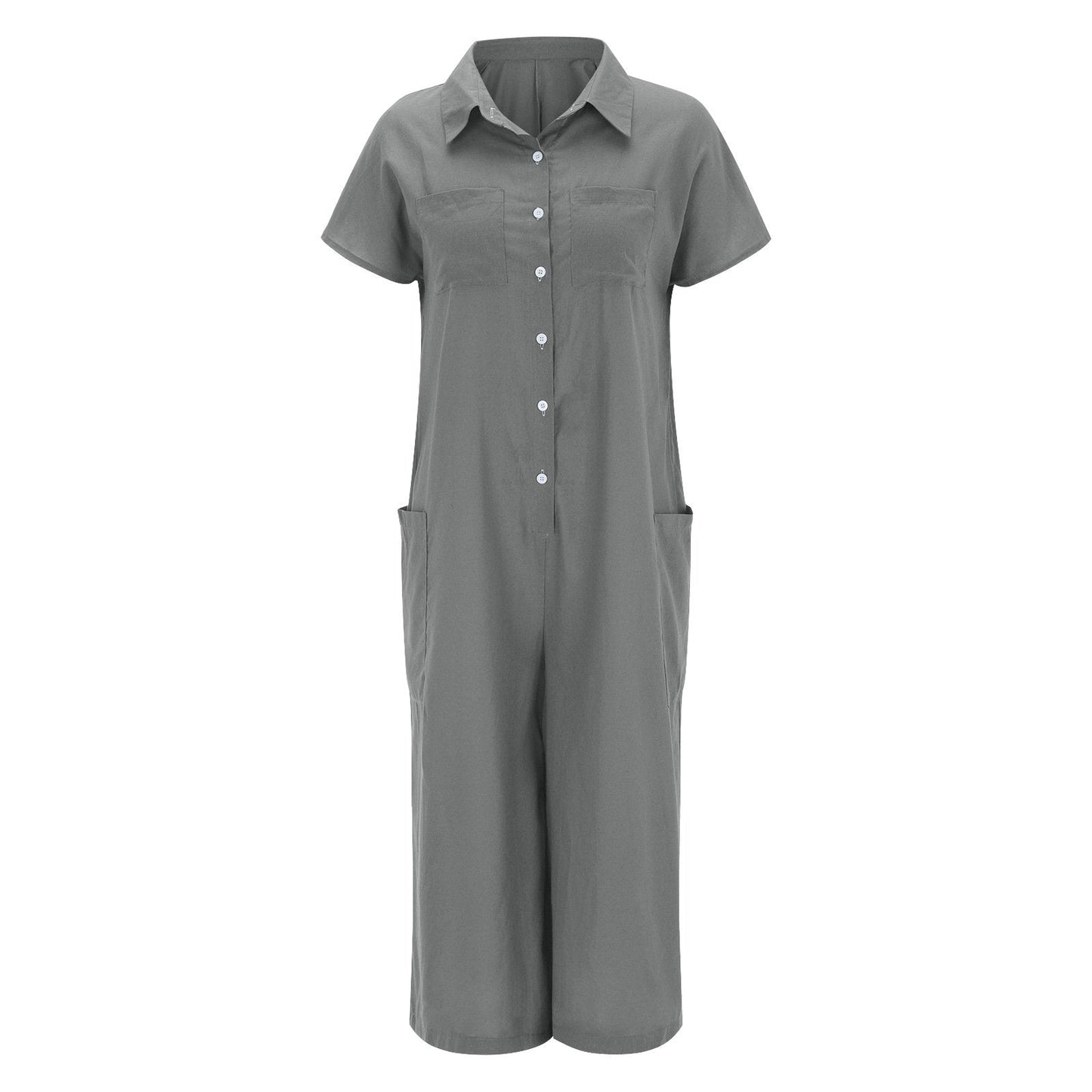 Women's solid color casual short-sleeved mid-length cotton linen shirt jumpsuit