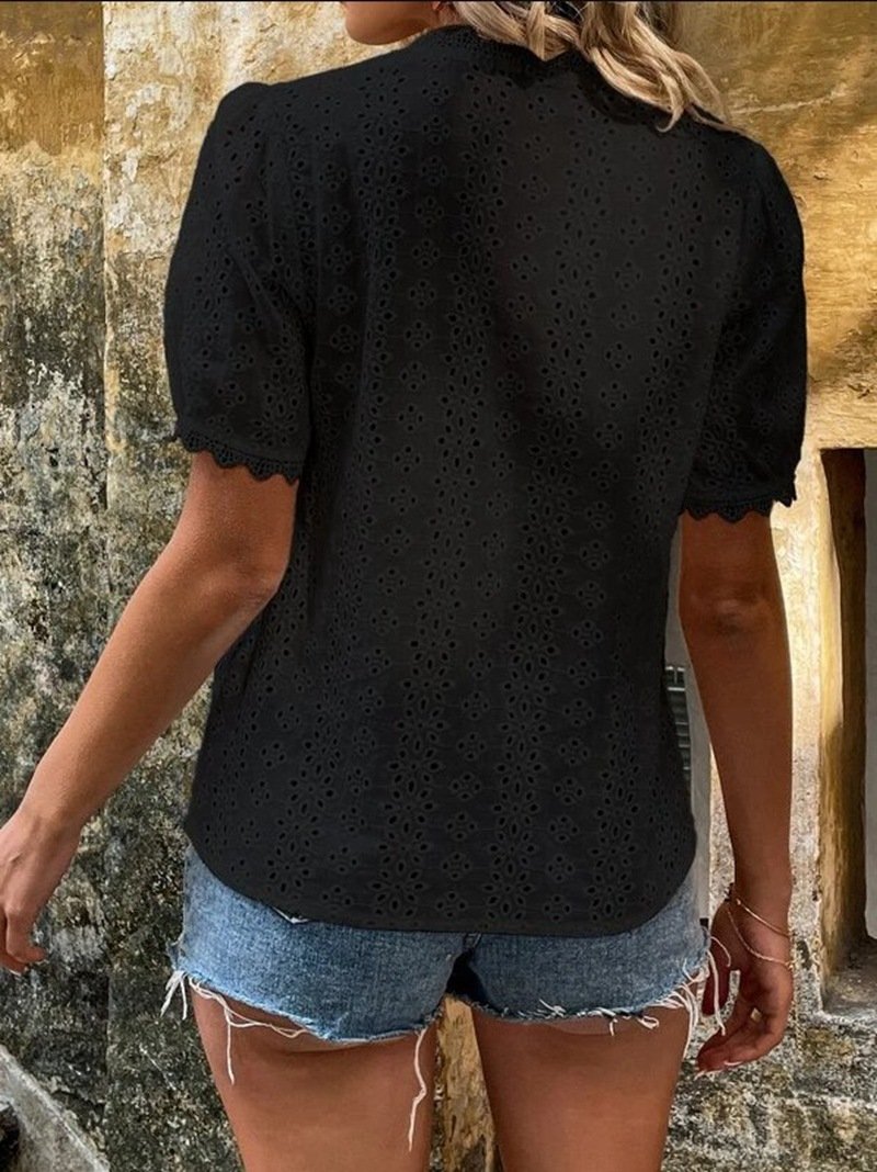women's solid color short sleeve hollow shirt