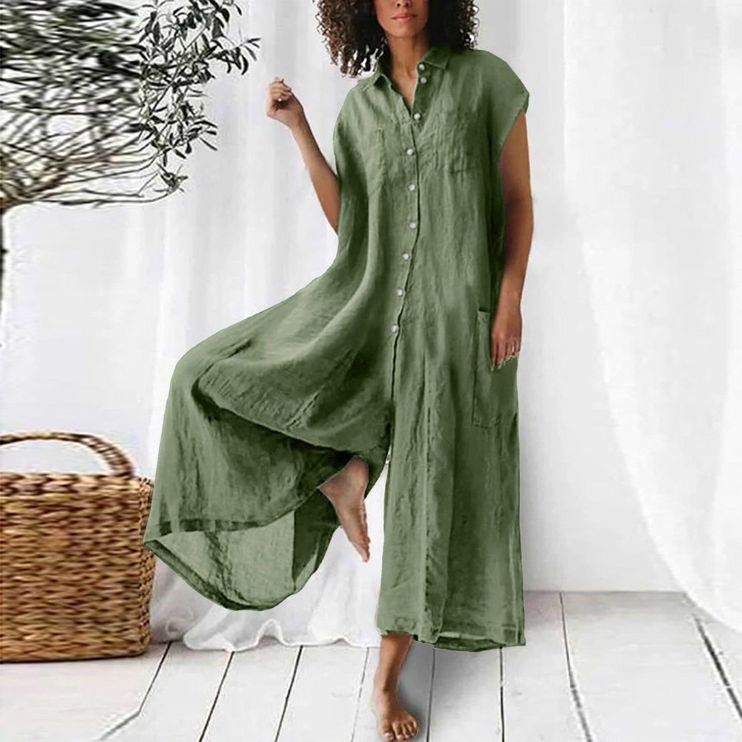 Women's solid color casual short-sleeved mid-length cotton linen shirt jumpsuit